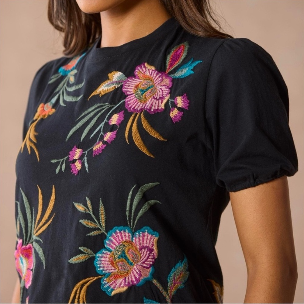Johnny Was Black Top with Colorful Embroidery